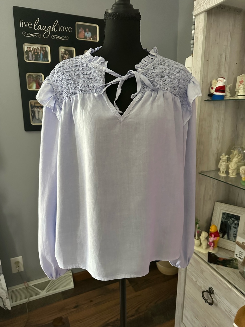 Bella Dahl Lavender Smocked Yoke Tie-Neck Long Sleeve Blouse